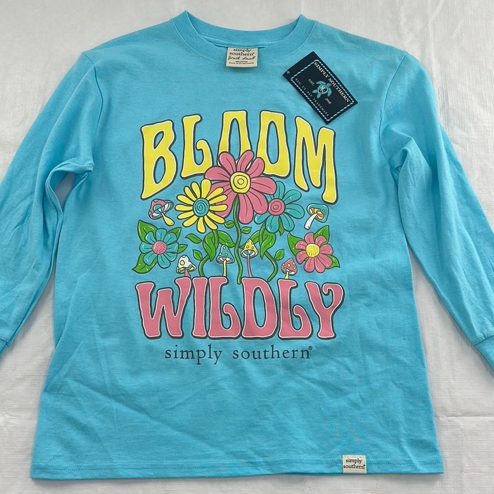 Simply Southern Shirt Girls Small Blue Long Sleeve Shirt Bloom Wildly Floral